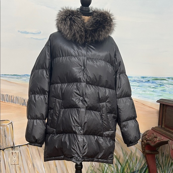 Yves Salomon Army Charcoal Puffer Jacket with Fur Collar - Picture 1 of 5